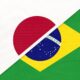 Bandeira dividida de Japão e Brasil completando-se em uma só com fenda em diagonal da esquerda para a direita