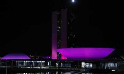 prédio do congresso nacional iluminado de rosa