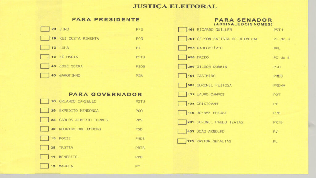 cédulas eleitorais das eleições 2002