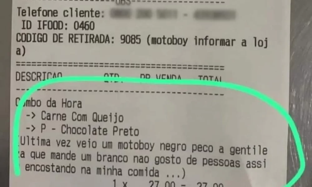 Mandem entregador branco, não gosto de pretos”, escreve cliente em